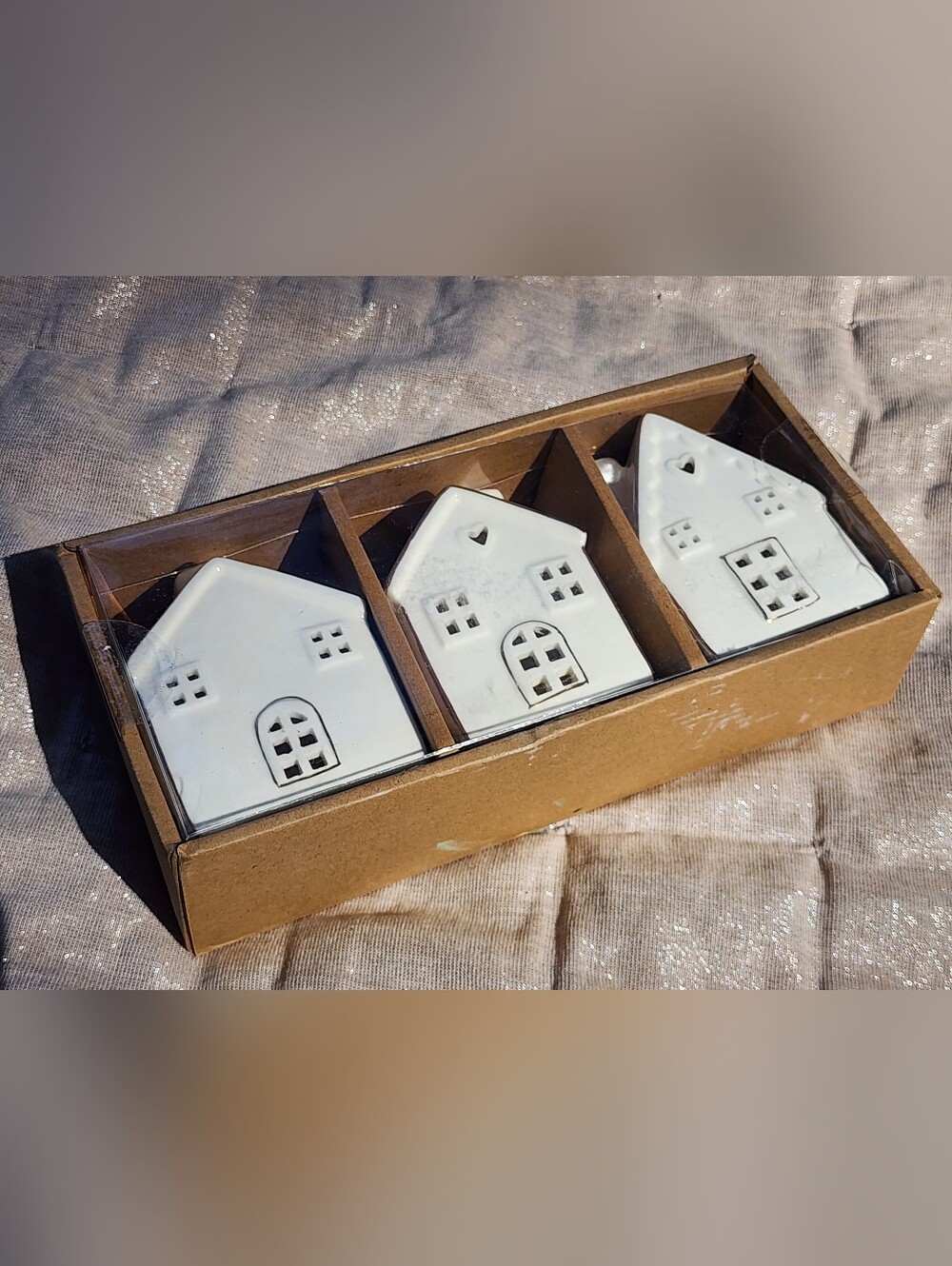 Ceramic White House Tealight Holders - Set of 3